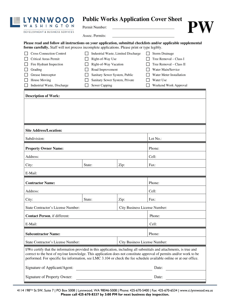Fillable Online Public Works Application Cover Sheet Permit Number
