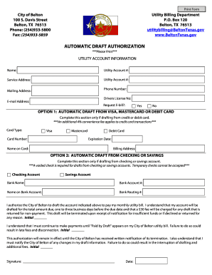 City of Belton Utility Billing Automatic Draft Authorization