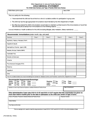 Ohio Child Medical Statement for Child Care