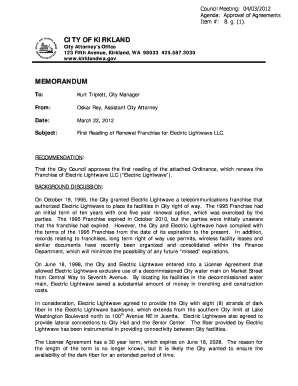 Transmittal letter for submitting documents - First Reading of Renewal Franchise for Electric Lightwave LLC - kirklandwa