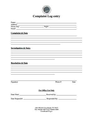 Complaint Log Form