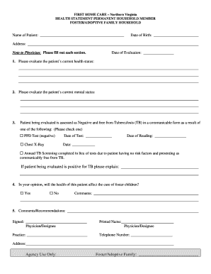 Health Statement for Foster/Adoptive Family Household
