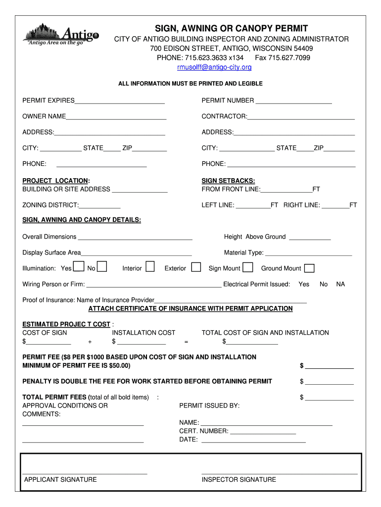 Fillable Online SIGN, AWNING OR CANOPY PERMIT Fax Email Print pdfFiller