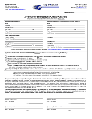Affidavit of Correction (Plat) Application for the City of Franklin, WI - 2015