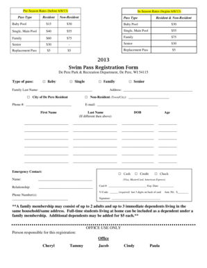 De Pere Swim Pass Registration Form