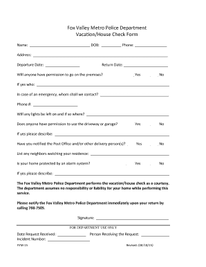 Fox Valley Metro Police Vacation House Check Form