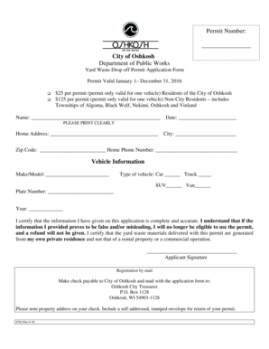 City of Oshkosh Yard Waste Drop Off Permit Application