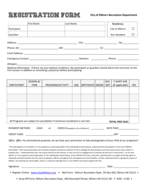 City of Elkhorn Recreation Department Registration Form