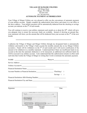 Village of Slinger Utilities Automatic Payment Authorization