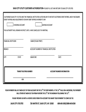 Sauk City Utility Customer Authorization Form