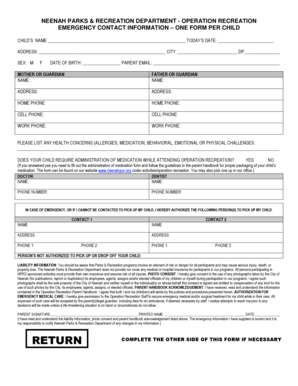 Neenah Parks Recreation Child Emergency Contact Form