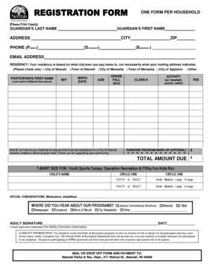 Neenah Parks Recreation Program Registration Form
