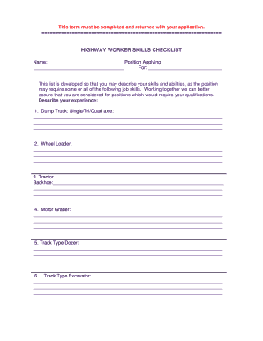 Highway Worker Skills Checklist
