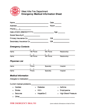 West Allis Emergency Medical Information Sheet