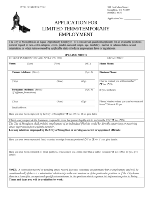 City of Stoughton Temporary Employment Application
