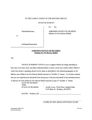 Amended Notice of Hearing for Pre-Decree Relief