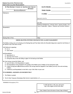 Order Granting Petition for Injunction Against Harassment