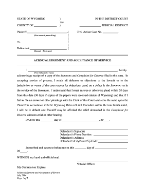 Wyoming Divorce Acknowledgment and Acceptance of Service