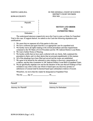 North Carolina Expedited Trial Motion and Order