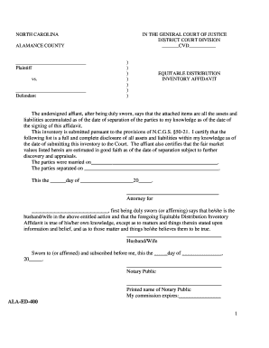North Carolina Equitable Distribution Inventory Affidavit