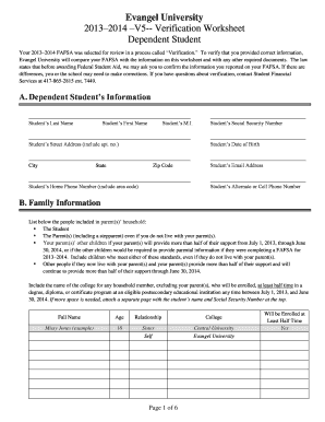 Evangel University 2013-2014 Verification Worksheet