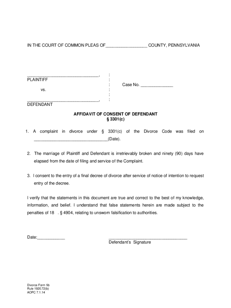 Pa Affidavit Consent Divorce Fill Online Printable Fillable Blank