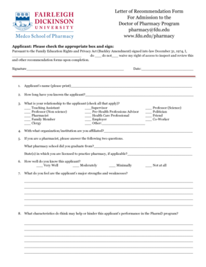 Letter of Recommendation Form for PharmD Program