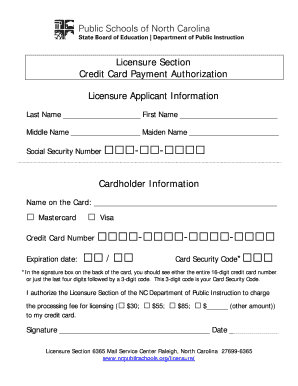 Credit Card Payment Authorization for Licensure