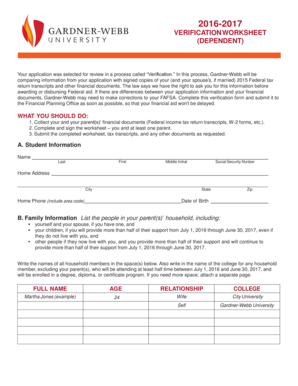 2016-2017 Verification Worksheet (Dependent)