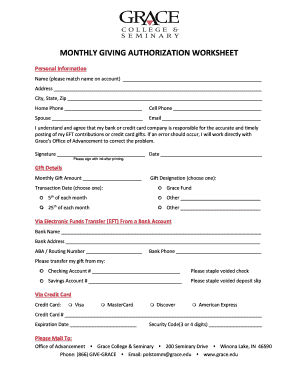 Monthly Giving Authorization Worksheet
