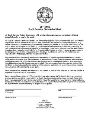 South Carolina State Aid Affidavit