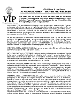 City of Houston Volunteer Waiver and Release Form
