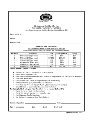 LSU Alexandria Meal Plan Sales Form