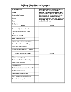 Preservice Teacher Performance Checklist