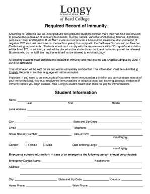 California Student Immunity Record