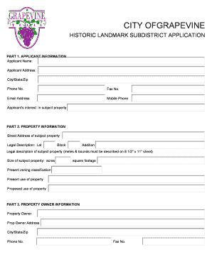 Towergate let property primlet - Print Form CITY OFGRAPEVINE HISTORIC LANDMARK SUBDISTRICT APPLICATION APPLICATION REVIEW REQUIREMENTS q Meet with Historic Preservation staff to review application requirements for your specific development