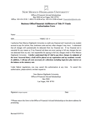 New Mexico Highlands University Financial Aid Authorization Form