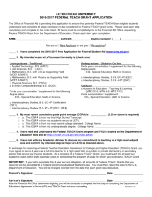 2016-2017 Federal TEACH Grant Application