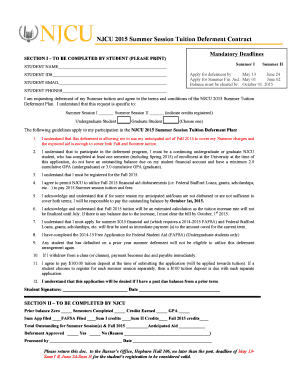 NJCU 2015 Summer Session Tuition Deferment Contract