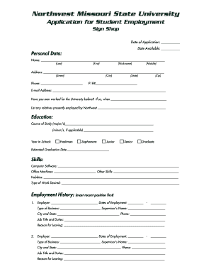 Northwest Missouri State University Student Employment Application