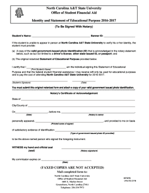 North Carolina A&T Student Financial Aid Identity Form