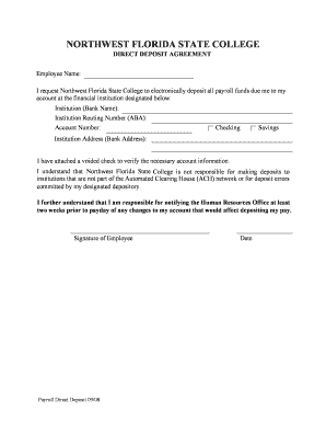 Northwest Florida State College Direct Deposit Agreement