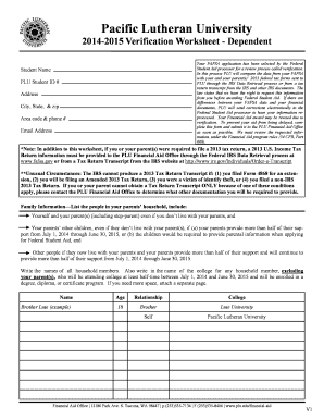 2014-2015 Verification Worksheet - Dependent