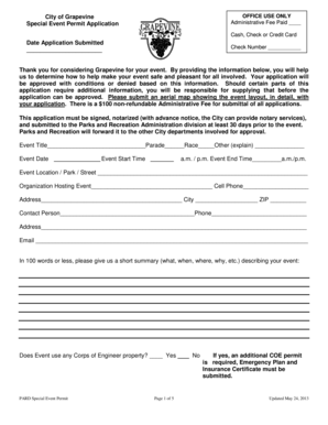 Peos certificate sample - OFFICE USE ONLY Administrative Fee Paid City of Grapevine Special Event Permit Application Cash, Check or Credit Card Date Application Submitted Check Number Check No - grapevinetexas