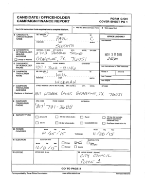 Zenz100 - CANDIDATE / OFFICEHOLDER CAMPAIGN FINANCE REPORT FORM C/ Cl COVER SHEET PG 1 1 Fifer ID ( Ethics commission Filere) 2 The C/ 0111 Instruction Guide explains haw to complete this farm - grapevinetexas