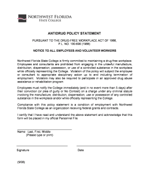 Northwest Florida State College Antidrug Policy Statement