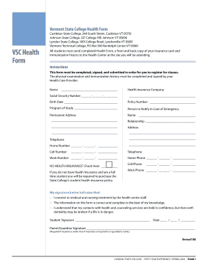 Vermont State College Health Form