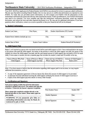 Northeastern State University Verification Worksheet
