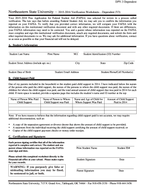 Northeastern State University Verification Worksheet Dependent