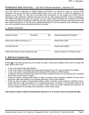 Northeastern State University Dependent Verification Worksheet